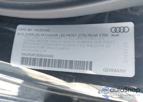 2016 Audi A6 3.0T Premium Plus z USA, uszkodzony, nr VIN WAUFGAFC8GN043668